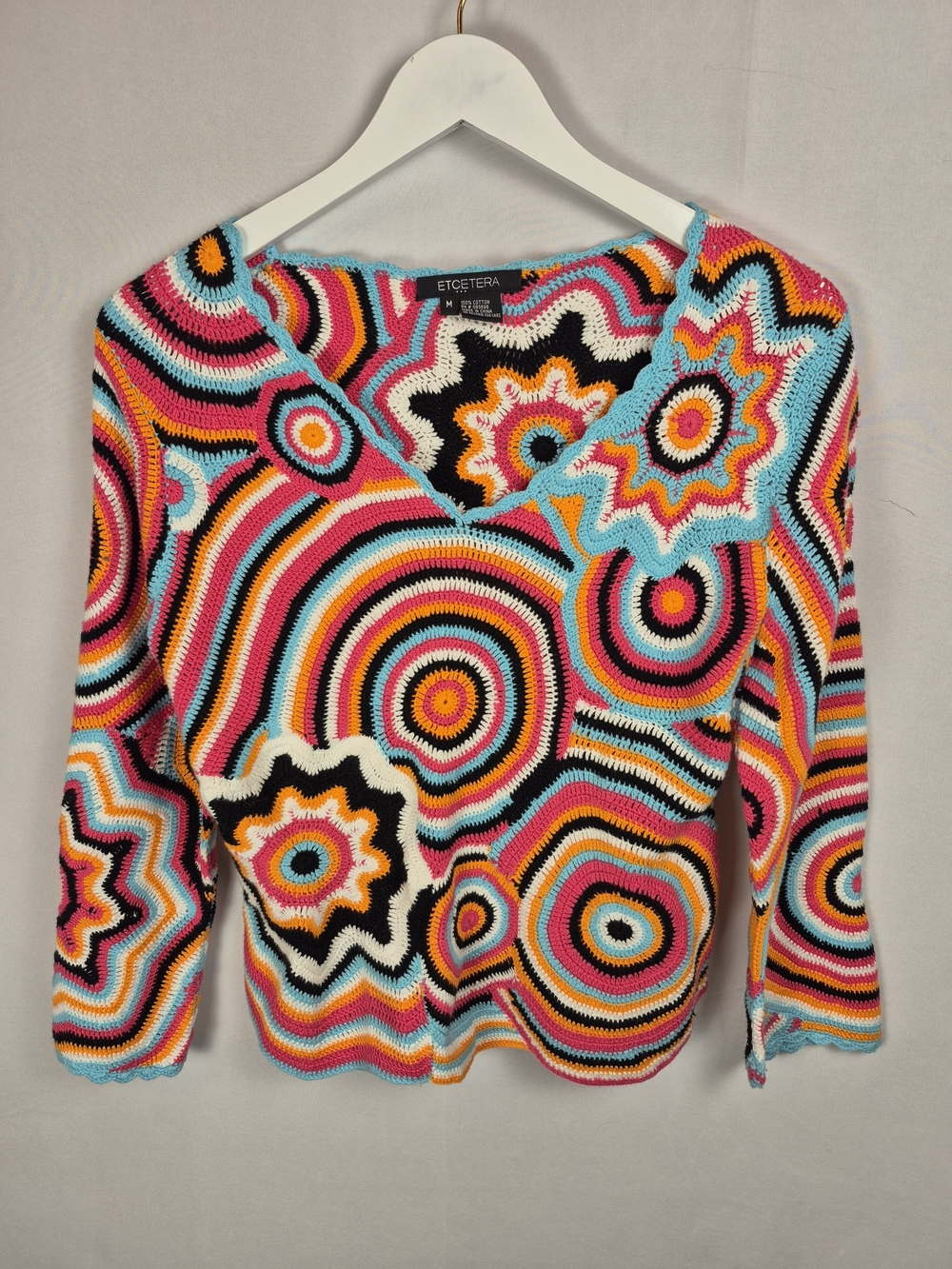 Etcetera Multicolor V-Neck 100% Cotton Crochet-Style Knit Sweater Size M